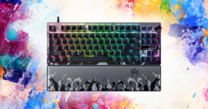 Razer Huntsman V3 Pro TKL gaming keyboard with RGB lighting on a colorful background