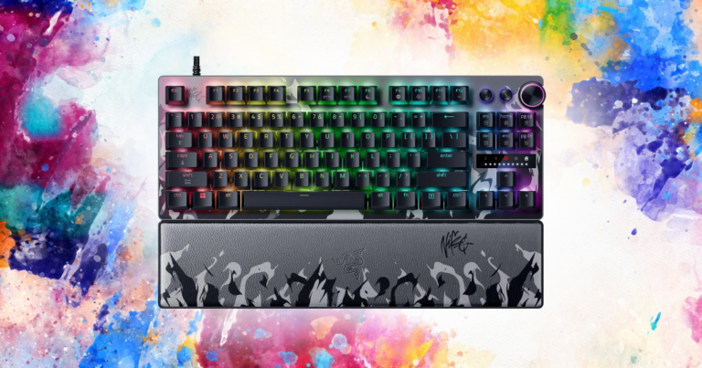 Razer Huntsman V3 Pro TKL gaming keyboard with RGB lighting on a colorful background