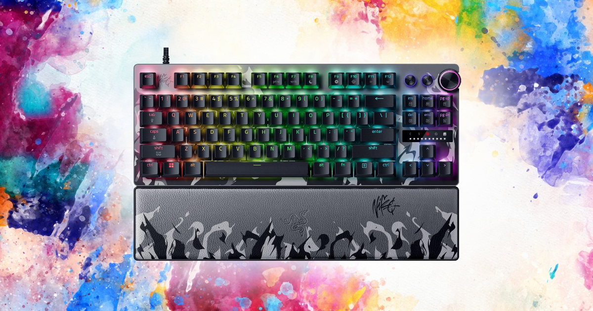 Razer Huntsman V3 Pro TKL gaming keyboard with RGB lighting on a colorful background