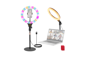 NEEWER N37 RGB ring light with phone holder, adjustable desk stand, and multicolor lighting modes
