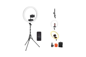 NEEWER Pro RP18B 18-inch ring light with tripod stand, phone holder, app controls, and accessories