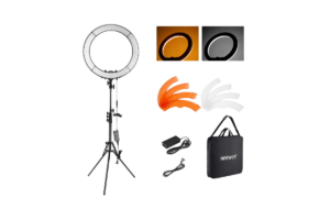 NEEWER RL-18 18-inch ring light with tripod stand, color filters, power adapter, and carrying case