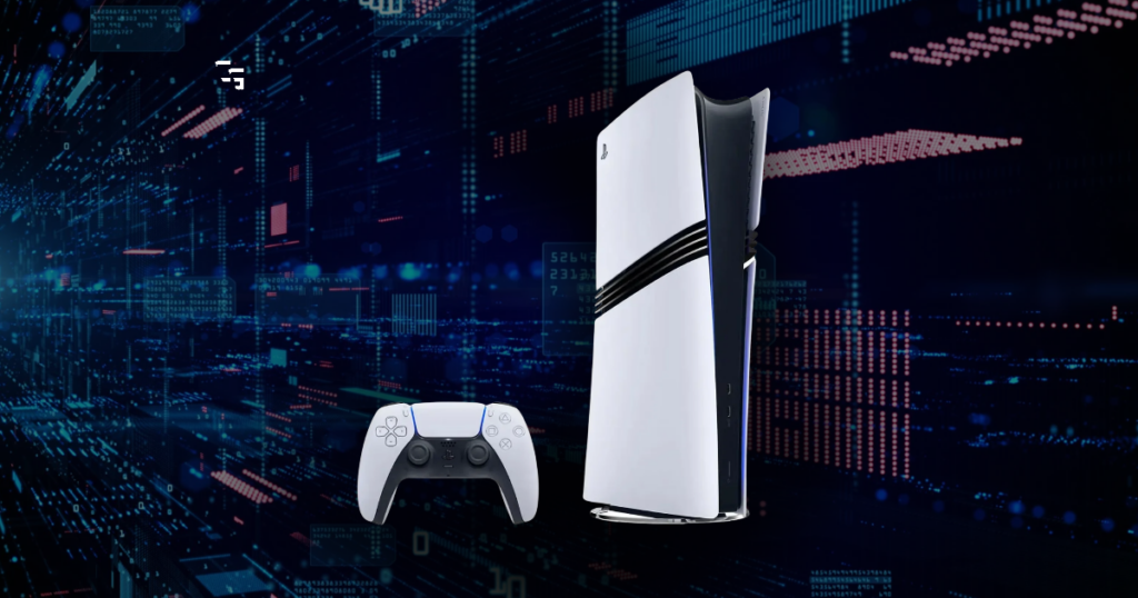 PS5 Pro console and DualSense controller on a dark digital gaming background