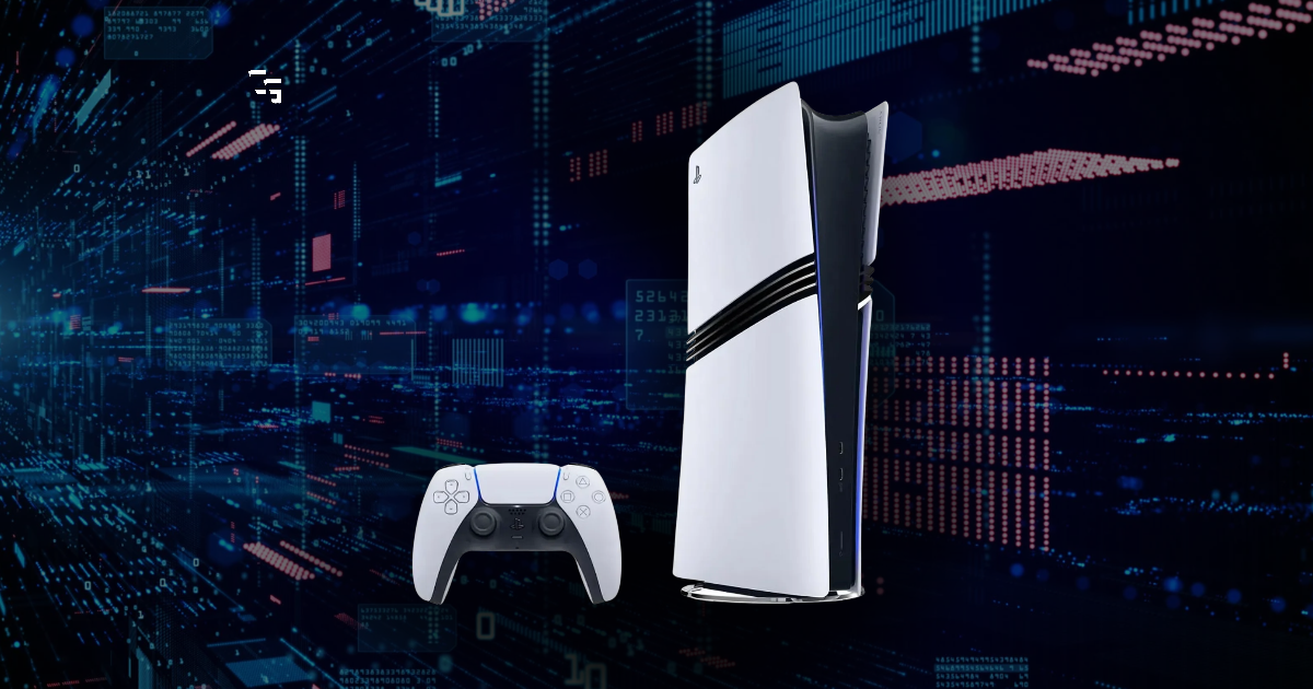 PS5 Pro console and DualSense controller on a dark digital gaming background