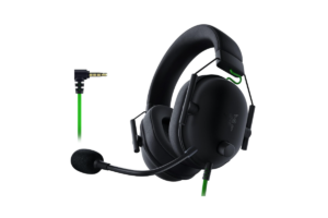 Razer BlackShark V2 X wired gaming headset in black with boom microphone and green cable