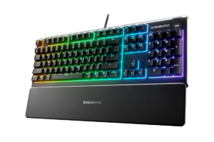 SteelSeries Apex 3 RGB gaming keyboard with full-size layout and magnetic wrist rest