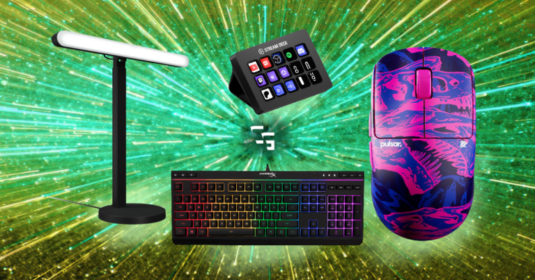 Gaming setup upgrades featuring a Stream Deck, RGB keyboard, gaming mouse, and desk light