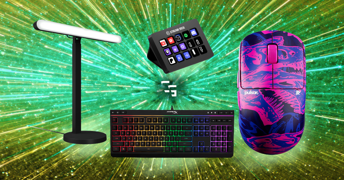 Gaming setup upgrades featuring a Stream Deck, RGB keyboard, gaming mouse, and desk light