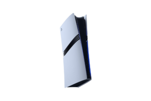 PlayStation 5 Pro console in white and black shown from an angled side view