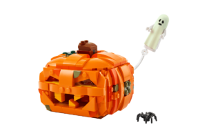 LEGO Halloween pumpkin lantern with ghost and spider decorations