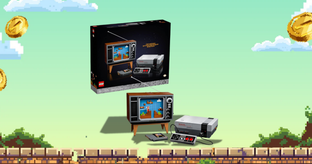 LEGO Nintendo Entertainment System set 71374 featuring a brick-built NES console, controller, and retro television displaying Super Mario Bros. against a colorful pixel-art gaming background.