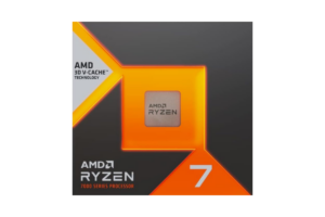 Close-up of AMD Ryzen 7 7800X3D processor retail packaging featuring Ryzen 7 branding and AMD 3D V-Cache technology