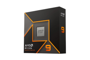 AMD Ryzen 9 9900X desktop processor retail box featuring Ryzen 9 branding and black and orange packaging