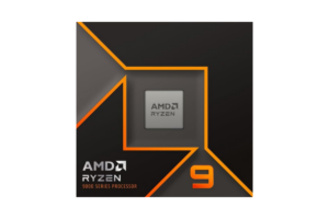 AMD Ryzen 9 9900X processor retail box featuring Ryzen 9 branding and black and orange AMD 9000 Series packaging