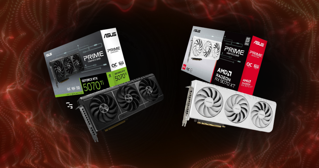 NVIDIA GeForce RTX 5070 Ti and AMD Radeon RX 9070 XT graphics cards side by side on a red digital background comparing gaming GPUs in 2026