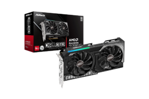ASRock Challenger AMD Radeon RX 9060 XT 16GB graphics card with dual-fan cooling displayed alongside its retail packaging