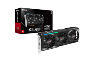 ASRock Challenger AMD Radeon RX 9070 16GB graphics card with triple-fan cooling displayed alongside its retail packaging