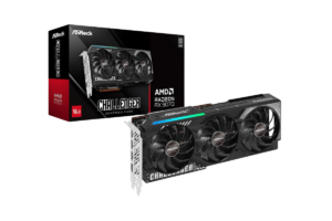 ASRock AMD Radeon RX 9070 Challenger 16GB graphics card with triple-fan cooling and retail packaging