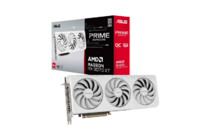White ASUS Prime AMD Radeon RX 9070 XT OC 16GB graphics card with triple-fan cooling and retail packaging