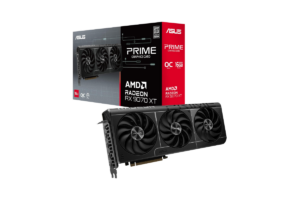ASUS Prime AMD Radeon RX 9070 XT OC 16GB graphics card with triple-fan cooling and retail packaging