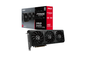 ASUS Prime AMD Radeon RX 9070 GRE 12GB graphics card with triple-fan cooling displayed alongside its retail packaging