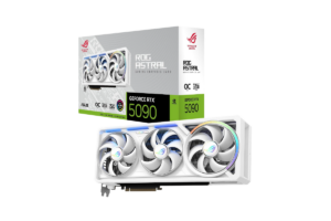 ASUS ROG Astral NVIDIA GeForce RTX 5090 32GB white graphics card with triple-fan cooling and RGB lighting displayed alongside its retail packaging