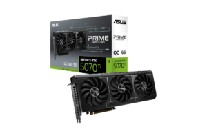 ASUS Prime GeForce RTX 5070 Ti OC 16GB graphics card with triple-fan cooling and retail packaging