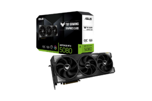 ASUS TUF Gaming GeForce RTX 5080 OC 16GB graphics card with triple-fan cooling and retail packaging