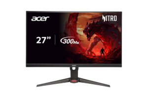 Acer Nitro 27-inch QHD gaming monitor with 300Hz refresh rate displaying red fantasy dragon artwork on screen