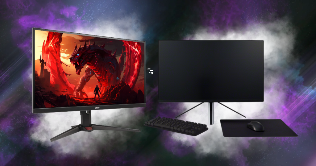 Acer Nitro 300Hz gaming monitor compared side by side with the Sony INZONE M9 gaming monitor against a purple and white smoky background