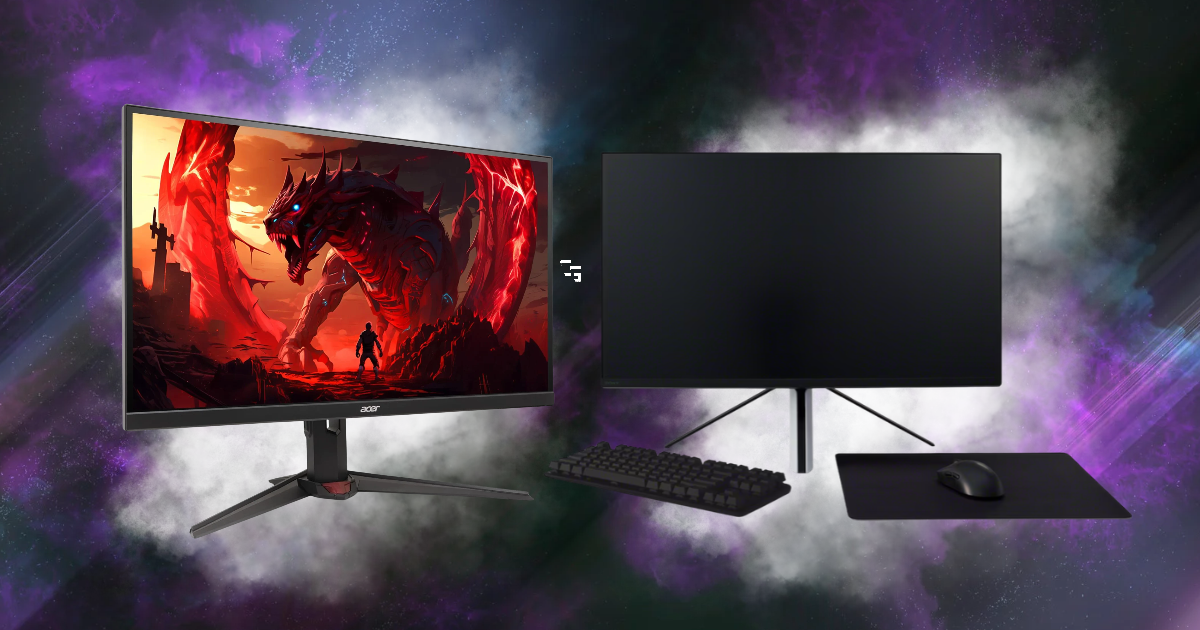 Acer Nitro 300Hz gaming monitor compared side by side with the Sony INZONE M9 gaming monitor against a purple and white smoky background