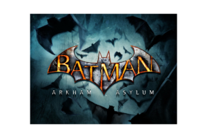 Arkham Asylum game logo featuring the iconic Batman symbol surrounded by flying bats against a dark blue background.