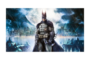 Batman standing in front of a full moon overlooking Gotham City during a rainstorm in Batman: Arkham Asylum artwork.