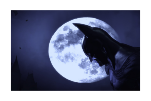 Batman looking downward in profile against a glowing full moon in a dark nighttime scene from Batman: Arkham Asylum.