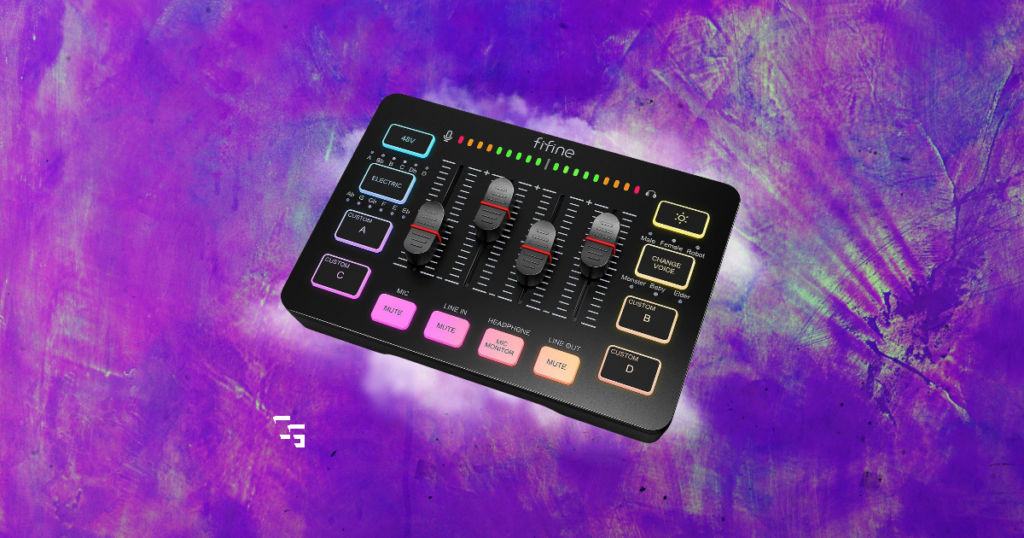 FIFINE audio mixer with RGB controls on a purple abstract background