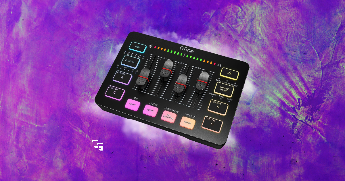 FIFINE audio mixer with RGB controls on a purple abstract background