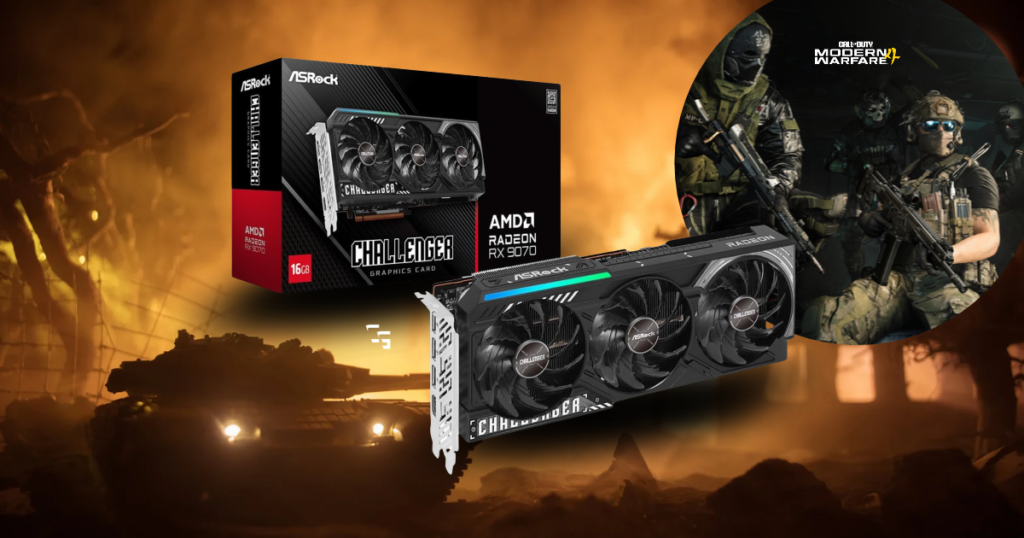 ASRock Challenger AMD Radeon RX 9070 16GB graphics card displayed with Call of Duty: Modern Warfare 4 artwork and a fiery battlefield background