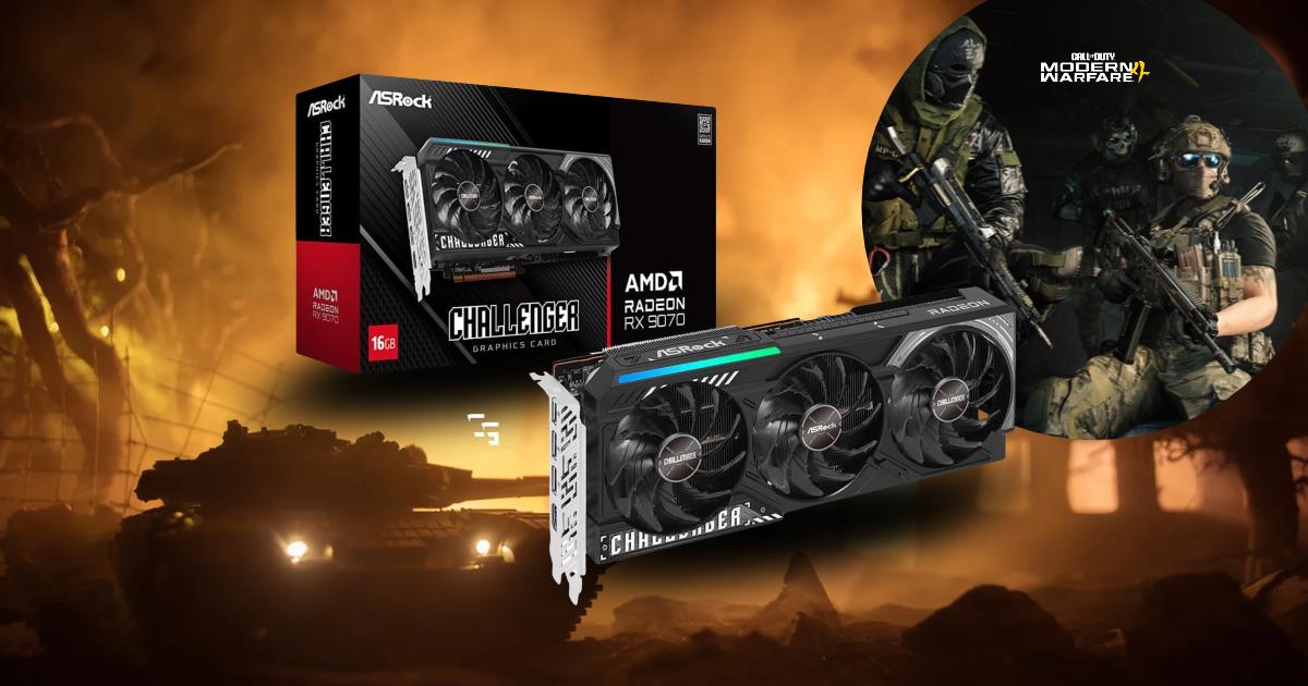 ASRock Challenger AMD Radeon RX 9070 16GB graphics card displayed with Call of Duty: Modern Warfare 4 artwork and a fiery battlefield background