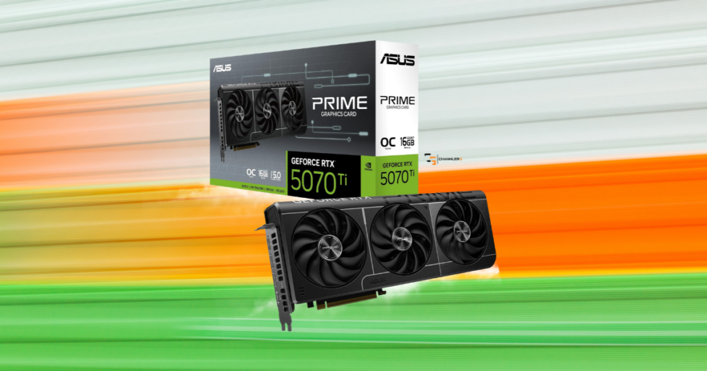 ASUS Prime GeForce RTX 5070 Ti 16GB graphics card with triple-fan cooling and retail packaging on a colorful gaming background