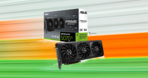 ASUS Prime GeForce RTX 5070 Ti 16GB graphics card with triple-fan cooling and retail packaging on a colorful gaming background