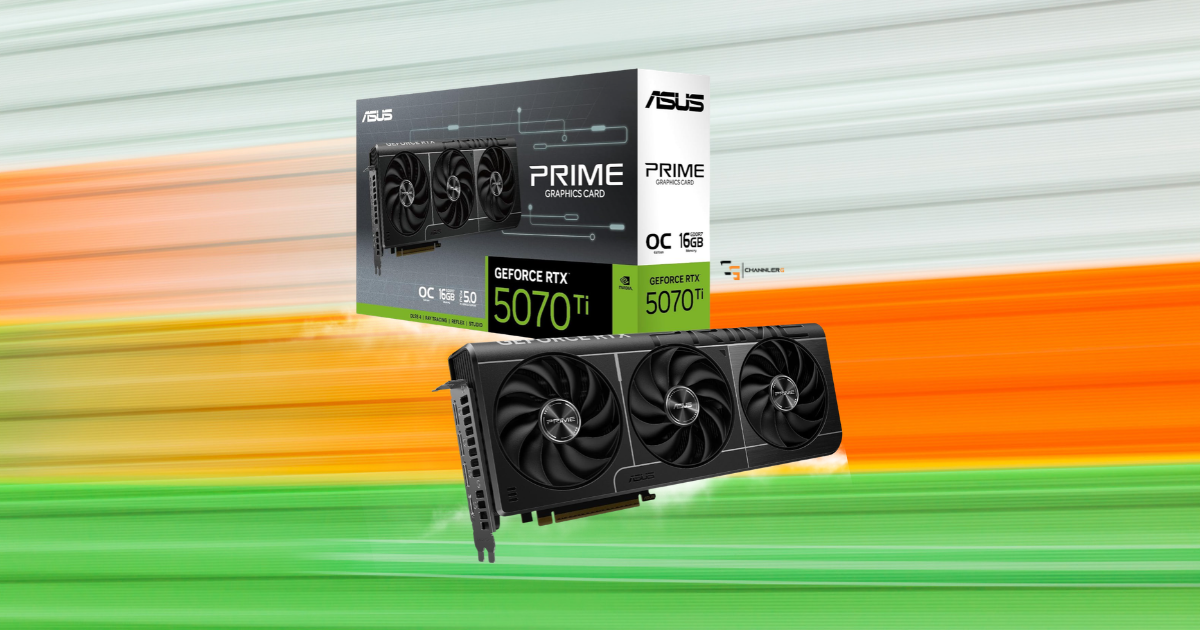 ASUS Prime GeForce RTX 5070 Ti 16GB graphics card with triple-fan cooling and retail packaging on a colorful gaming background