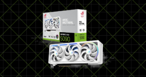 ASUS ROG Astral GeForce RTX 5090 32GB graphics card with white triple-fan design and retail packaging on a black and green digital background