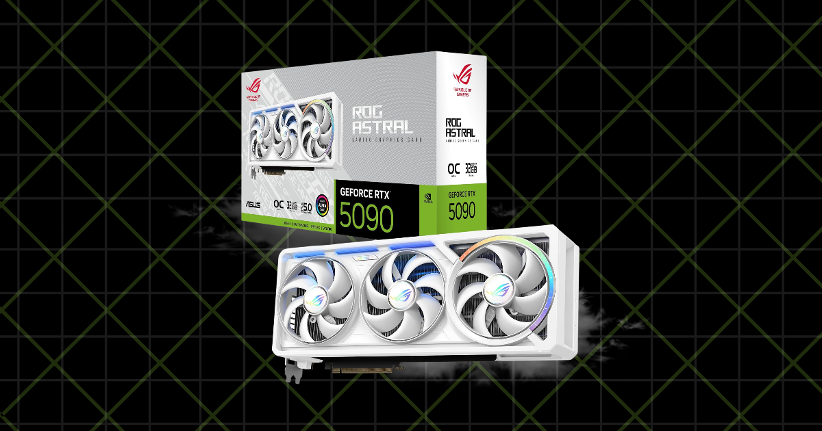 ASUS ROG Astral GeForce RTX 5090 32GB graphics card with white triple-fan design and retail packaging on a black and green digital background