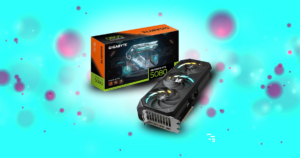 Gigabyte GeForce RTX 5080 graphics card with triple-fan cooling and retail packaging on a turquoise background with purple accents