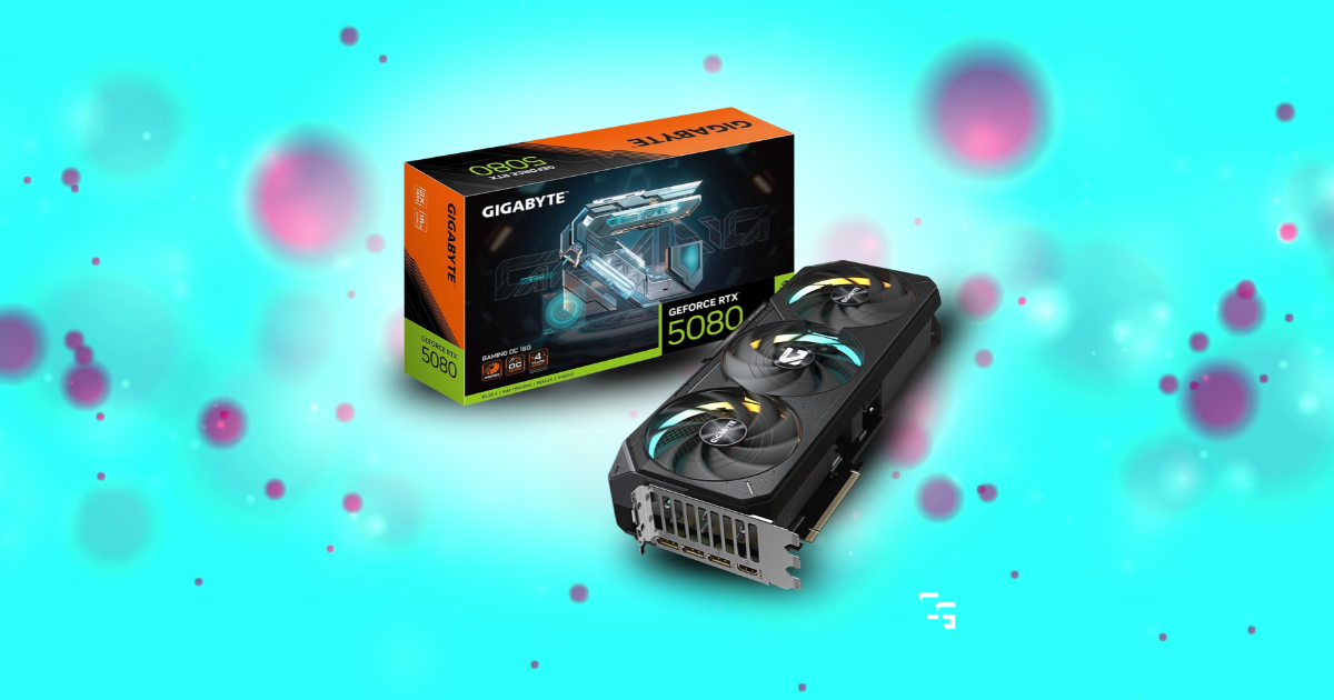 Gigabyte GeForce RTX 5080 graphics card with triple-fan cooling and retail packaging on a turquoise background with purple accents