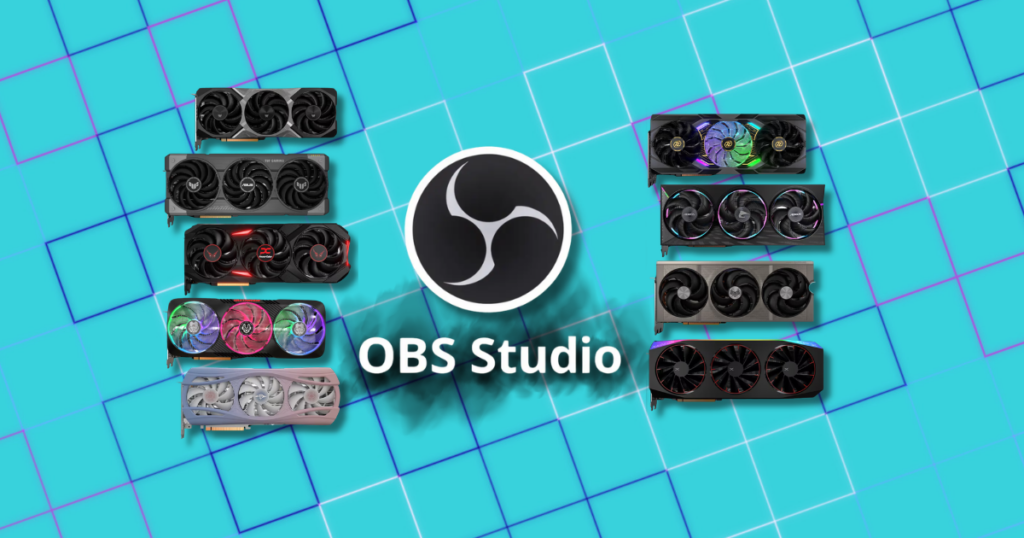 OBS Studio logo surrounded by AMD Radeon gaming graphics cards on a blue geometric background, illustrating OBS streaming and recording settings for AMD GPUs in 2026.