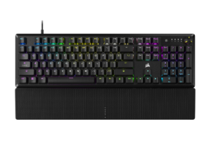 Corsair K70 CORE mechanical gaming keyboard with RGB backlighting, full-size layout, volume dial, and magnetic wrist rest
