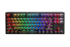 Ducky One 3 TKL mechanical gaming keyboard with Cherry MX Silent Red switches, rainbow RGB backlighting, and a compact tenkeyless layout