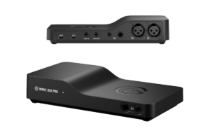 Elgato Wave XLR Pro audio interface showing front and rear connections with dual XLR microphone inputs