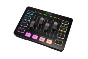 FIFINE AmpliGame SC3 gaming audio mixer with RGB controls and four volume faders